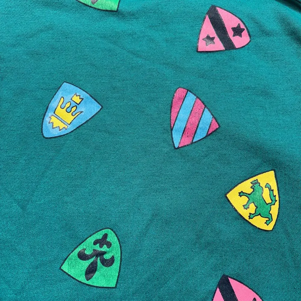 Vintage Esprit Kids Sweatshirt Medium Green Crest All Over Print Pullover Taiwan